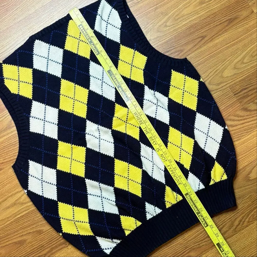 Vtg Polo Ralph Lauren Argyle Sweater Vest L Navy Yellow Cotton Preppy V Neck Y2K